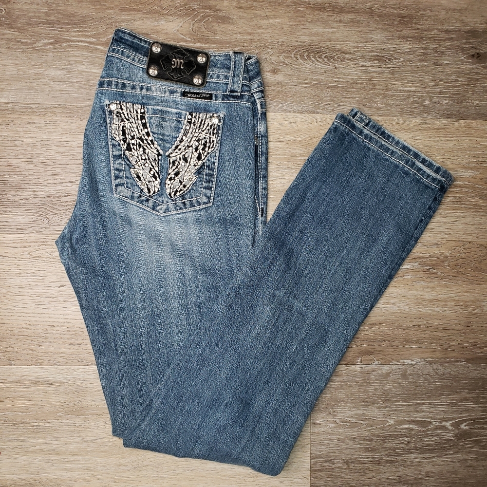 MISS ME straight distressed denim jeans with rhinestone embellishments size 30